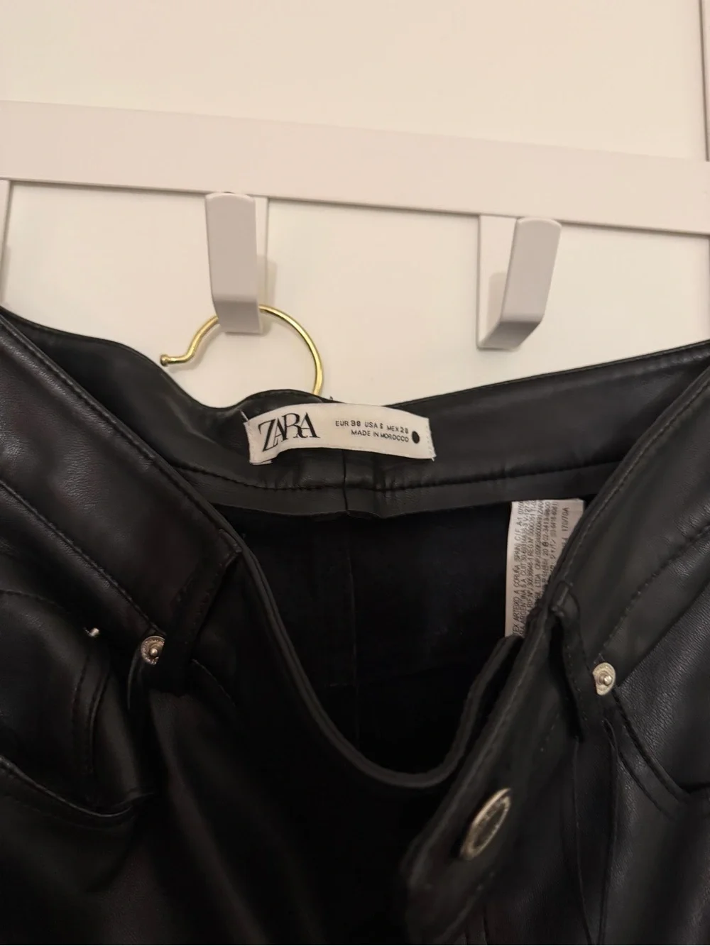 ZARA Black Faux Leather straight leg pants with Silver Hardware